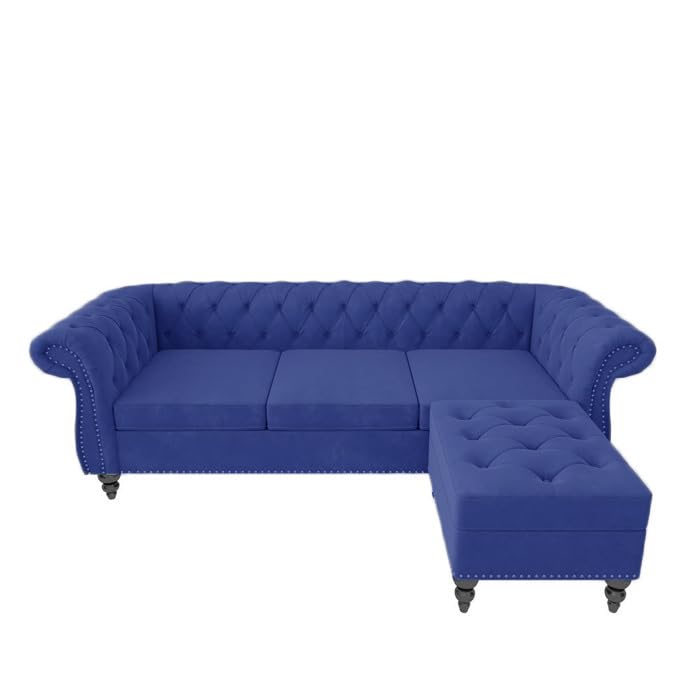 Image of Chesterfield Velvet 3 Seater Round Arm Sofa + Ottoman Modern Sofa for Your Loving Space, Bedroom, Living Room, Offices (Blue)