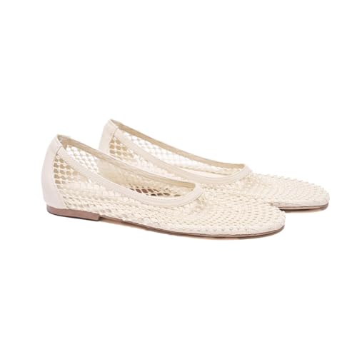 Mesh Ballet Flats for Women Round Toe Ballerina Genuine Leather Woven Fishnet Pearl Slip On Shoes Comfy Casual Office Daily