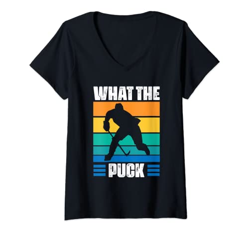 Mujer Funny What The Puck | Jugador de hockey sobre hielo vintage Camiseta Cuello V