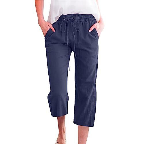 Pantalones capri de algodón y lino para mujer, con cordón elástico, cintura elástica, pantalones cortos sueltos de verano, pantalones cortos casuales para uso diario, trabajo, color sólido, con