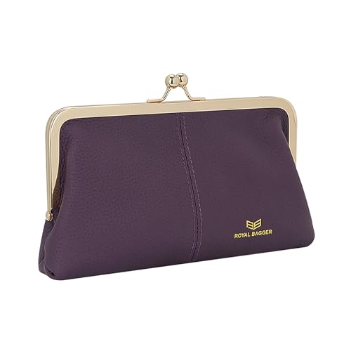 Image of Royal Bagger RFID Kiss Lock Wallet, Solid Color Multi-card Slots Card Holder, Genuine Cow Leather Clutch Purses for Women 1468 (Purple)