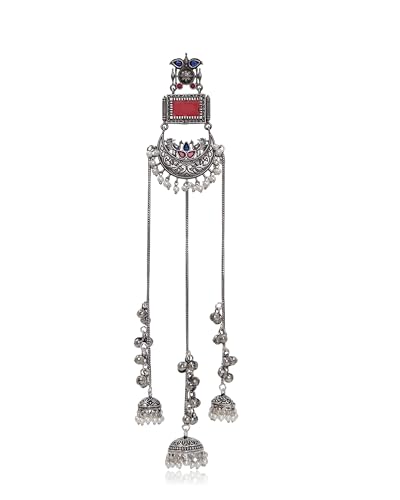 Image of Kashmiri Earrings for Women |Square Stone Fan Chain Earring | Ethnic Oxidised Silver Long Chain for Girls Bridal Festive |Gift for Girls Women
