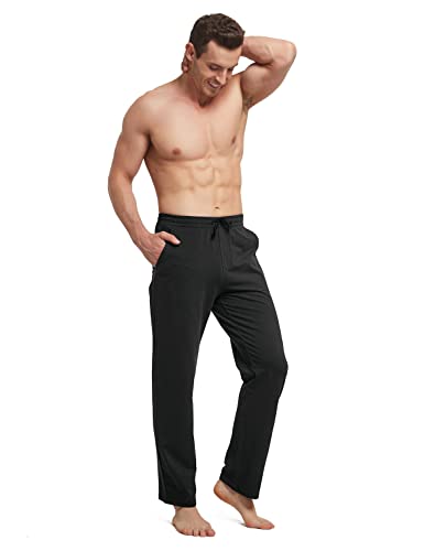 Baleaf Men's Sweatpants Casual Lounge Cotton Pajama Yoga Pants Open Bottom Straight Leg Male Sweat Pants With Pockets Black M #TOP3