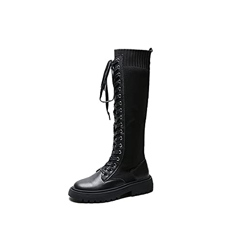 Dabeigouzxuezn Botas de Pelo Mujer Botas de Rodilla Tejida de Cuero Genuino Negro Botas de Mujer elástica Femenina Gruesas con cinturón Falso Botas de Cuero (Shoe Size : 36) Cover