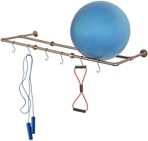 MyGift Industrial Copper Tone Metal Wall Mounted Exercise Ball Storage Rack, Yoga Studio Commercial Gym Hanging Fitness Equipment Organizer with 6 S-Hooks