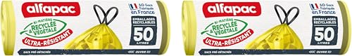 Alfapac - 10 sacs-poubelle 50L à lien coulissant ultra-résistant - tri des emballages - fabriqués en France - bi-matière recyclée & végétale (Lot de 2)
