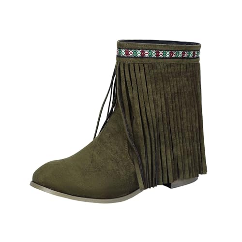 Bottines vert en taille 40 pour femme avec talon épais et détails de glands stylés
