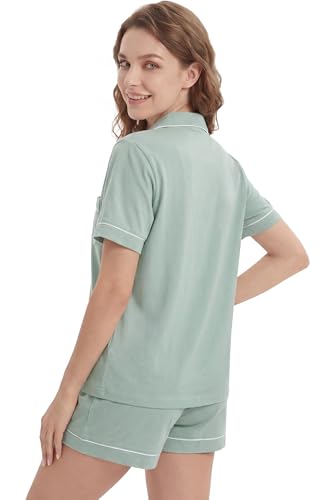 Image of LUBOT 100% Cotton Pajamas for Women 2 Piece PJ Set Button-Down Soft Knit Short Sleeve Summer Sleepwear Loungewear XS-XXL