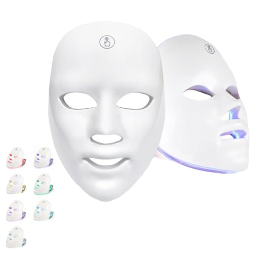 Máscara de cara y cuello de luminoterapia LED,Dispositivo de cuidado de la piel facial 7 colores rojo y azul rejuvenecimiento,recargable por USB, inalámbrico,Producto antienvejecimiento para arrugas