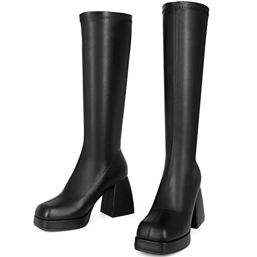 Image of SOVANYOU Black Leather Boots Platform Boots for Women Fashion Square Toe Chunky Block Heeled Boots Side Zip
