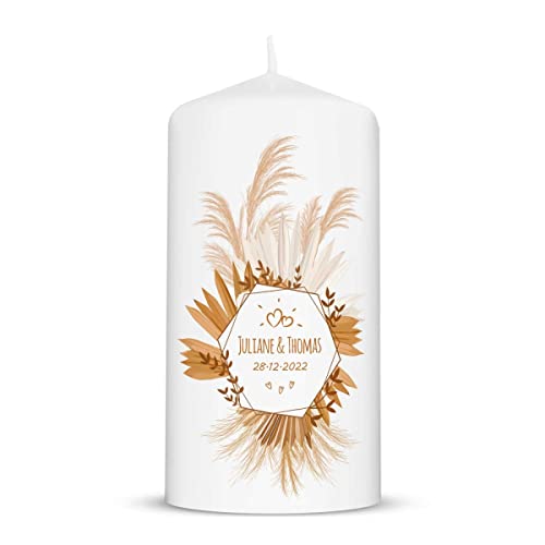 GRAVURZEILE Vela pequeña impresa - Tropical Pampas Gras - Vela personalizada con su propio nombre y fecha - Regalo de boda a los recién casados - Vela pilar de alta calidad blanca 120/58 mm Cover