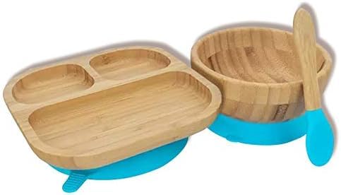 Image of Baby Toddler Stay Put Dish, Kids Suction Plate & Bowl, Bamboo Cute Dinnerware (Blue Set)