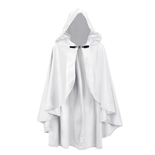 JPXH Medieval Cloak with Hood Short Hooded Cape for Adult Men and Women Halloween Renaissance White