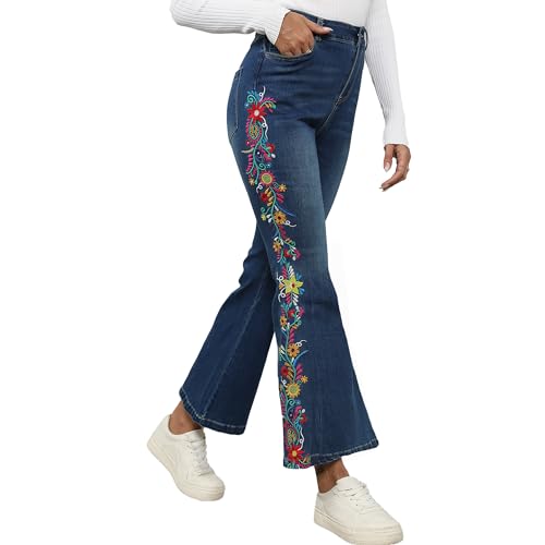Grosy Boho Floral Embroidered Mom Jeans for Women Plus Size High Waisted Bell Bottom Bohemian Denim Pants Flare Jeans