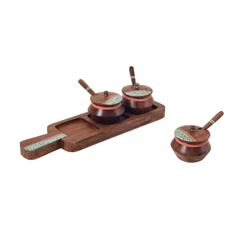 Image of AAKRITI ART CREATIONS Rustic Charm Wooden Pickle Organizer | Handcrafted Abstract Art Storage Handi | Kitchen Decoration Items Stylish Tray & Handi | Kitchen Handi with Wooden Tray