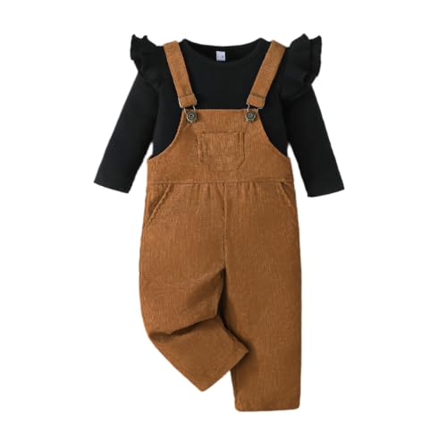Image of Toddler Baby Girl Fall Clothes Ruffled Top Shirt Plaid Bib Overalls Pocket Suspender Pants Set Thanksgiving Outfits (Brown, 12-18 Months)