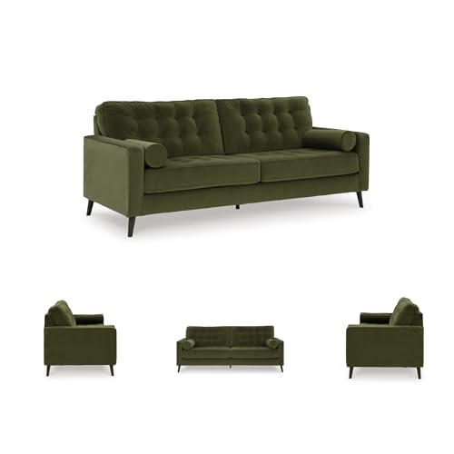 Image of Signature Design by Ashley Olive Green Velvet Sofa, No Assembly | 87-in couch, Sag-resistant platform foundation system, Easy-clean polyester velvet, Water or solvent cleanable, Reveon Lakes