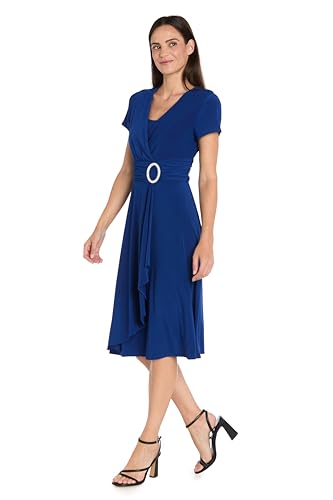 Image of R&M Richards Women's Cascade Wrap Dress with V-Neck & O-Ring Rhinestone Buckle, Work to Weekend Short Sleeve Flowy Silhouette