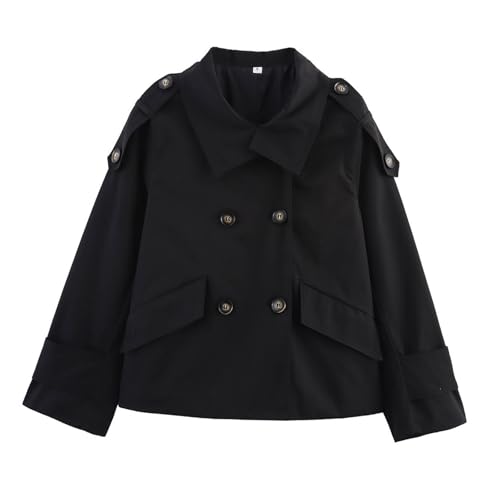 Cropped Trench Coat for Women Loose Long Sleeve Top Jacket Stand Neck Buttons Blazer Jacket Work Office Outwear