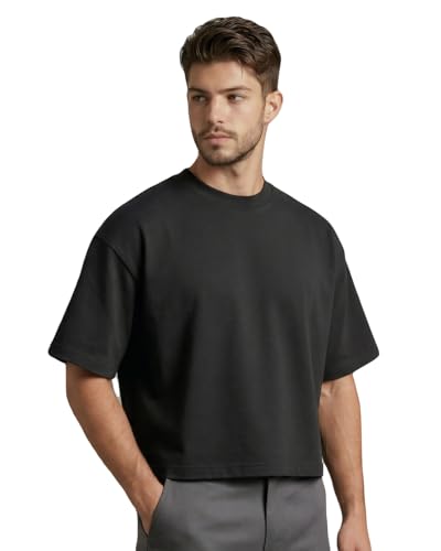 Oversized Cropped T Shirt for Men Heavyweight Cotton Boxy Fit Tee with Ribbed Crewneck Streetwear Loose Short Sleeve Top (US Alpha Medium Regular Regular Black)
