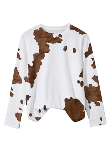 SHENHE Womens Long Sleeve Cow Print Shirt Crew Neck Casual Animal Print Tee Western Top White A Large