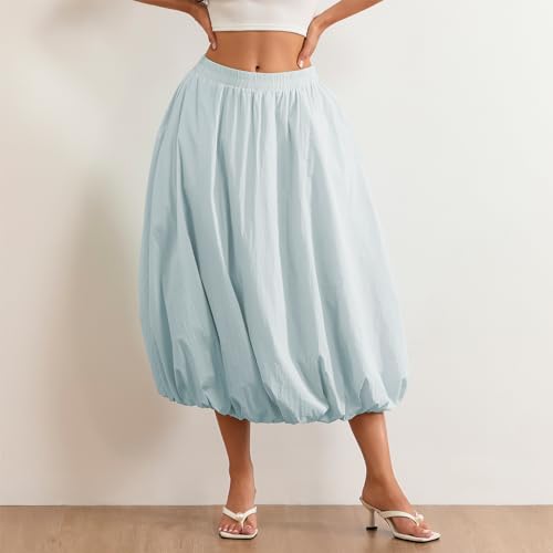 Women Bubble Y2K Maxi Skirt High Waist Solid Color A Line Long Skirts Pleated Flowy with Pockets2