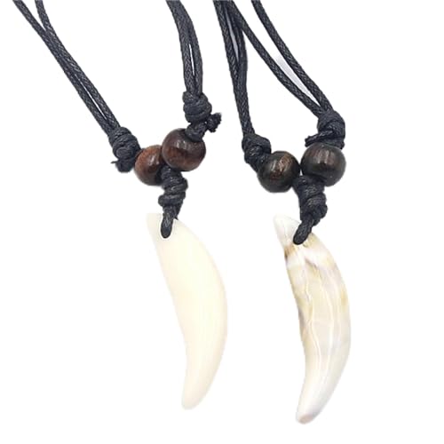 Xinlon 2 Stück Haifischzahn kette, Surferkette haifischzahn Herren, Weiße haizahn kettes, Haifischzähne Falsche Zahn Halskette, Surfer Retro Kordel Kette,Mädchen-Jungen-Acrylschale Wolfszahn Halskette