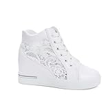 Zapatillas Blancas De Moda For Mujer Cómodas De Caña Alta Con Cordones Plataforma Y Cuña For Aumentar La Altura For Estudiantes.(White,38)