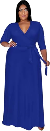 Image of Runwind Plus Size Dresses for Women Floral Maxi Dress Flowy 3 /4 Sleeve with Belt
