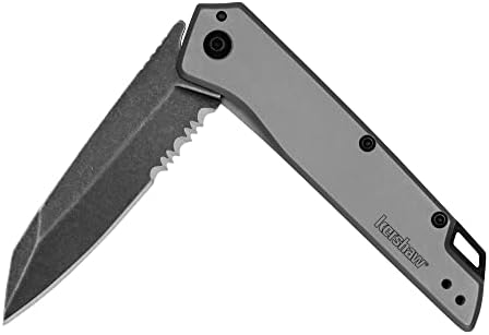 Kershaw Misdirect Pocketknife; 2.9 in. 4Cr13 Serrated Black-Oxide Blackwash Finish Blade, Stainless Steel Stonewash Finish Handle Equipped with Assisted Opening, Flipper and Frame Lock