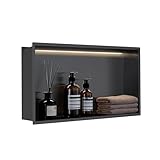 MENATT 12x24 Inch Shower Niche with LED Lights, Stainless Steel Recessed Wall Niche No Tile Needed, Large Waterproof Bathroom Storage Shelf for Shower Organization, Matte Black