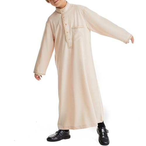 Muslim Thobe for Boys Islamic Thobe Long Sleeve Kaftan Stand Collar Button 𝐑obe Kids Ramadan Eid Outfit Prayer Clothes