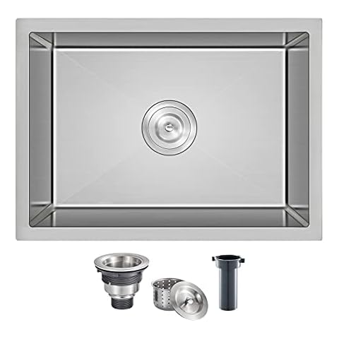 MENATT Undermount Kitchen Sink, 22" x 18" Single Bowl Kitchen Sink Undermount Stainless Steel Workstation Bar Sink with Basket Strainer(Brushed) Cover