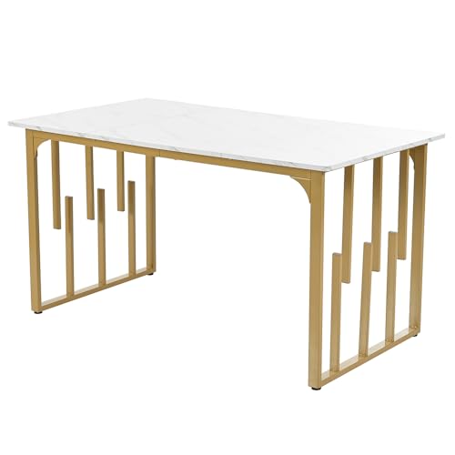 Table à manger cuisine rectangulaire 140cm blanche dorée avec pieds