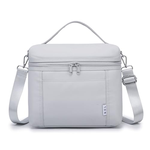 NOL Natural Organic Lifestyle Loncheras aisladas para mujer, bolsa enfriadora, ligera, de nailon, impermeable, para el trabajo (gris y blanco, mediano (normal))