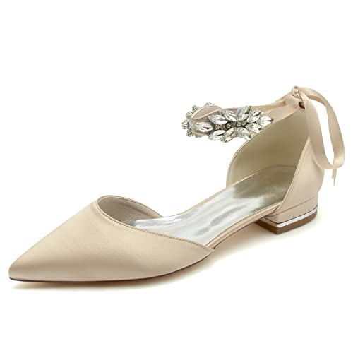 Women's Crystal Pointed Toe Flats Ankle Strap Satin Wedding Shoes Prom Evening Bridal Party Dress Flats