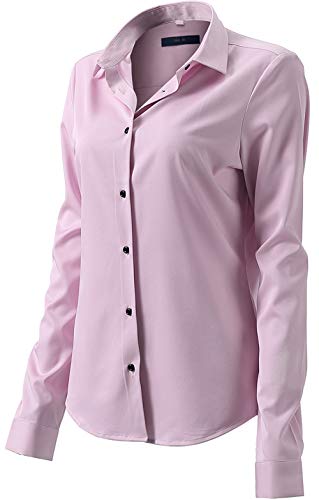 FLY HAWK Womens Long Sleeve Button Down Collar Office Formal Casual Shirt Blouse Pink Size 14