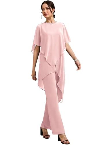 Long Mother of The Groom Pant Suits for Wedding Tiered 1/2 Sleeves Jewel Chiffon A-Line Pink Prom Dress 2025, US 12