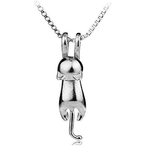 Womens 925 Sterling Silver 3D Cute Hanging Cat Lover Matte Surface / Smooth Pendant Necklace 18 inch Chain (Smooth) Cover