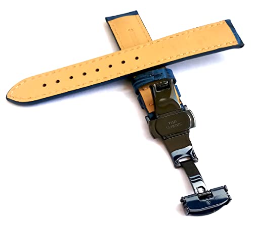 Image of 18mm 19mm 20mm 21mm 22mm 23mm 24mm Genuine Leather Butterfly Deployment Clasp Buckle Watch Band Strap Black Dark Brown TAN Blue Rose Black Gold White