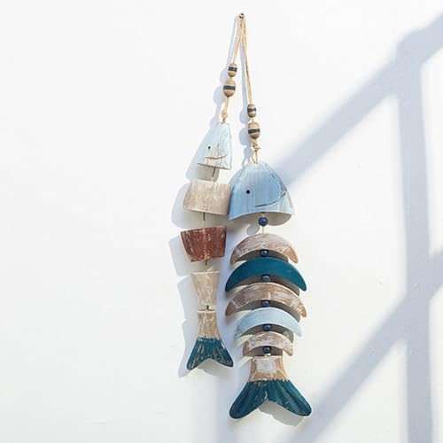 Pendentif brochette de poisson décor boisé pour mur nautique suspendu