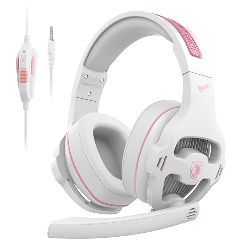 Image of SA726 Stereo Gaming Headset for Xbox One PS4 PS5 Controller, Over Ear Headphone with Mic Noise Cancelling Headset for PC Xbox Series (White Pink)