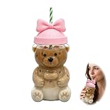 Glass Bear Cup with Straw and Lid, 20oz Cute Teddy Bear Shaped Drinking Tumbler, High Borosilicate Reusable Iced Coffee Mug for Boba Tea, Smoothies, Cocktails, Aesthetic Gift for Women (Pink bow)
