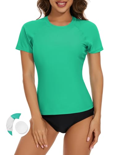 Bonneuitbebe Womens Short Sleeve Rash Guard Swimsuit Top with Built in Bra Swim Shirt UPF50+ Quick Dry Bathing Suit Green