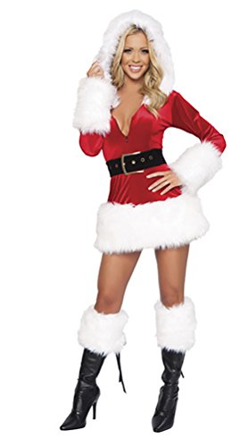 Baymate Frauen Weihnachts Kostüm Cosplay Performance Fancy Kleid mit Kapuze Weihnachtsoutfit Weiß (Kleid+Gürtel) Cover