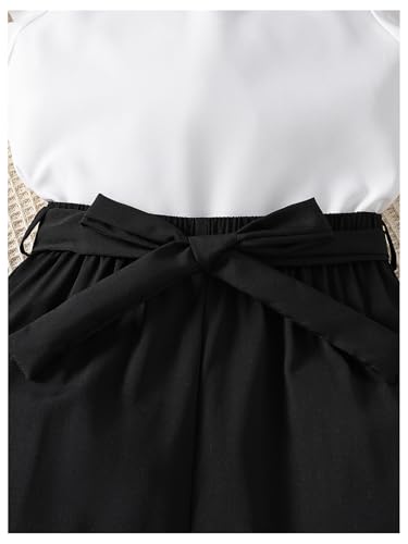 Image of Floerns Girl's Two Piece Outfit Ruffle Trim Sleeveless Blouse Bow Front Belted Pants Set Black and White 8Y