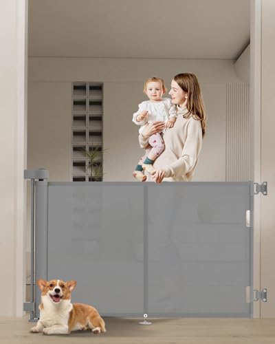 Image of Miumoon 59 inch Retractable Baby Gates 34 inch Tall, Retractable Gate with Reinforced Strip Design to Prevent Crawling Through, 5 FT Retractable Dog Gate for Stairs, Doorways, Hallways, Indoor/Outdoor