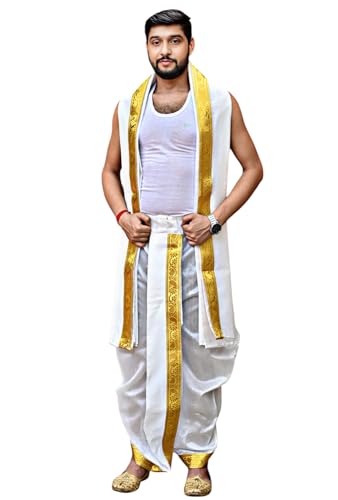 Image of Men's Ethnic | Traditional Ready to wear (Pant System) Readymade Panchakacham Dhoti With Angavastram(Towel) Set, Tassar Silk, Free Size (GC002)