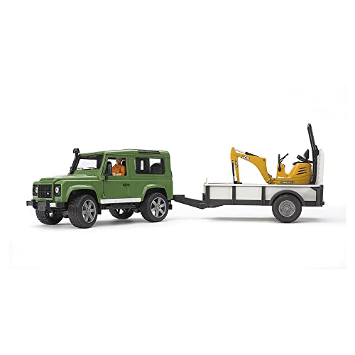 Bruder 2593 Land Rover Defender With One Axle Trailer, Jcb Micro Excavator And Worker