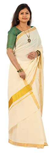 Image of Women's Kerala Traditional Cotton Kasavu Saree with Running Blouse | Sari for Weddings, Festivals, Temple Visits, Onam Vishu & Regular Wear